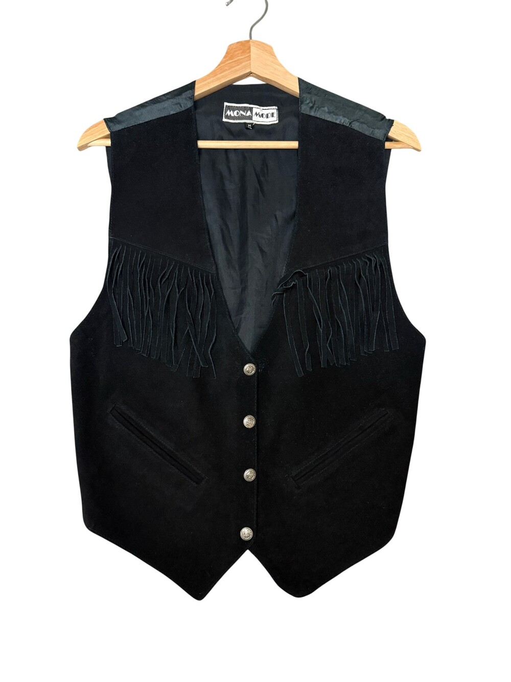 Vintage 80s Mona Mode Suede Fringe Vest Womens Medium Black Western Lined
